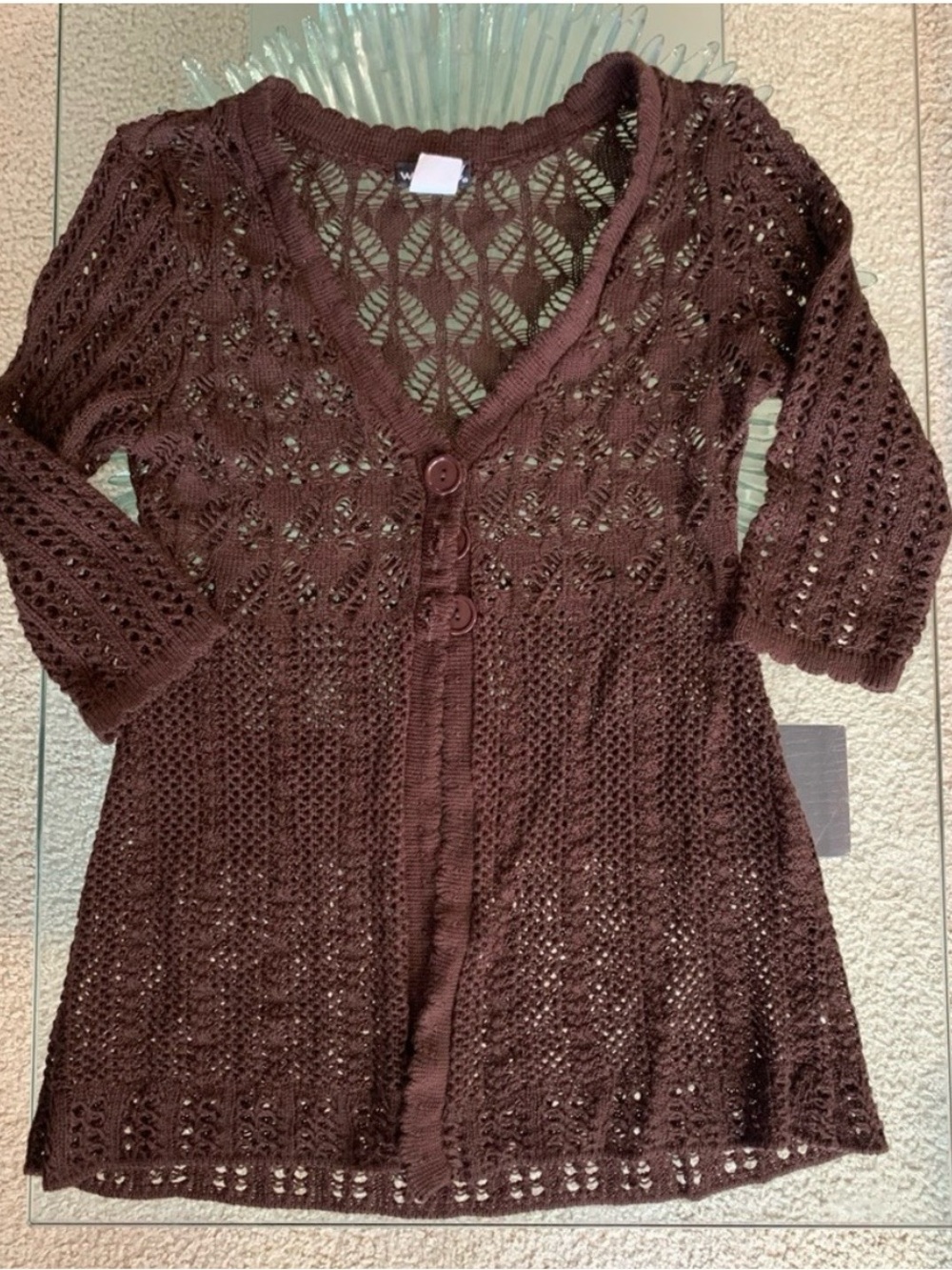 Wet Seal Chocolate Brown Open-Knit Button Cardigan